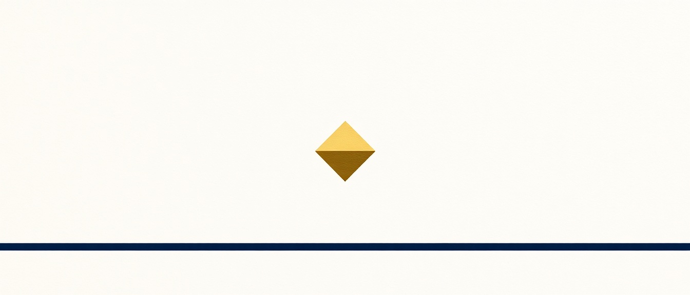 A minimalist composition featuring a cream background, a thin navy line at the bottom, and a central brushed-gold geometric diamond.