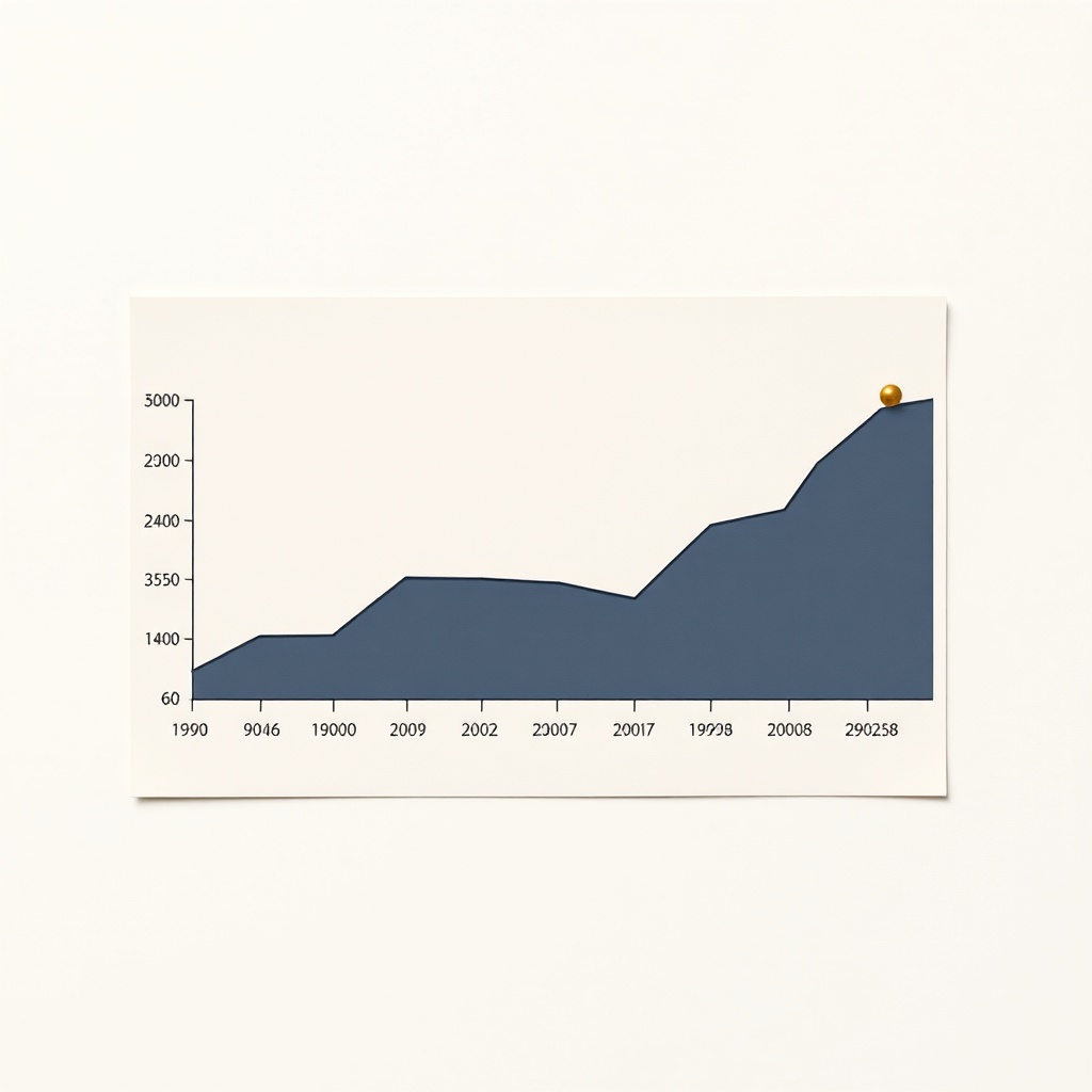 An area chart on a cream background, showing an upward trend in a navy blue fill, with a brushed gold sphere marking the peak.