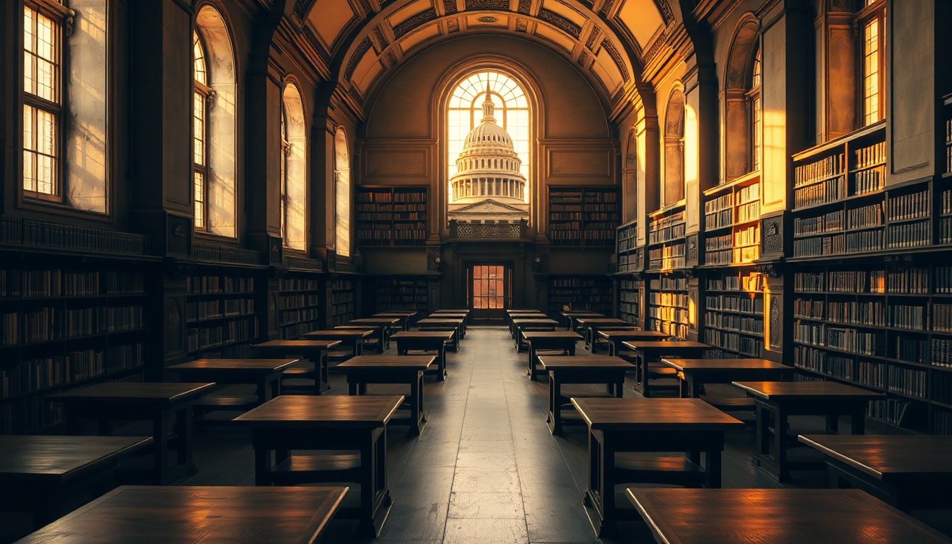 A grand, sunlit library reading room with rows of empty wooden tables and bookshelves, featuring a capitol-like dome visible through a large arched window.