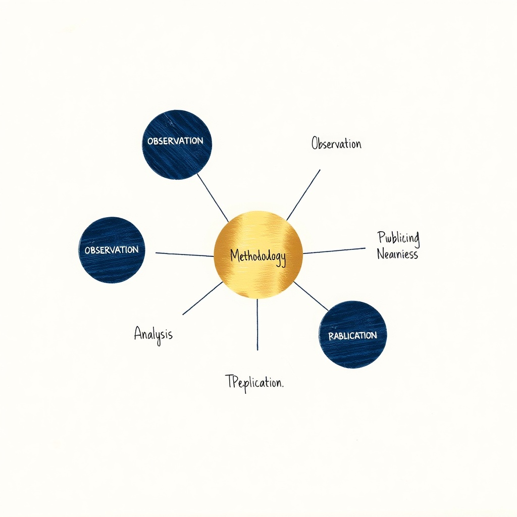 A hand-drawn diagram showing 'Methodology' at the center, connected by lines to 'Observation,' 'Analysis,' 'Publicing Nearness,' 'Tpeplication,' and 'Rablication.' The central circle is brushed gold, and three 'Observation' and one 'Rablication' circles are navy blue, all on a cream background.