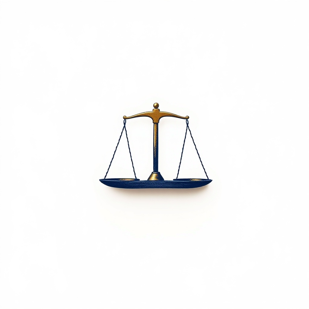 A simple, clean overhead shot of a brushed gold and navy blue scale of justice centered on a cream background.