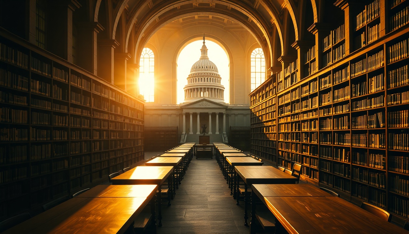A grand library reading room with long wooden tables and towering bookshelves, looking out through an archway to a sunlit capitol dome.